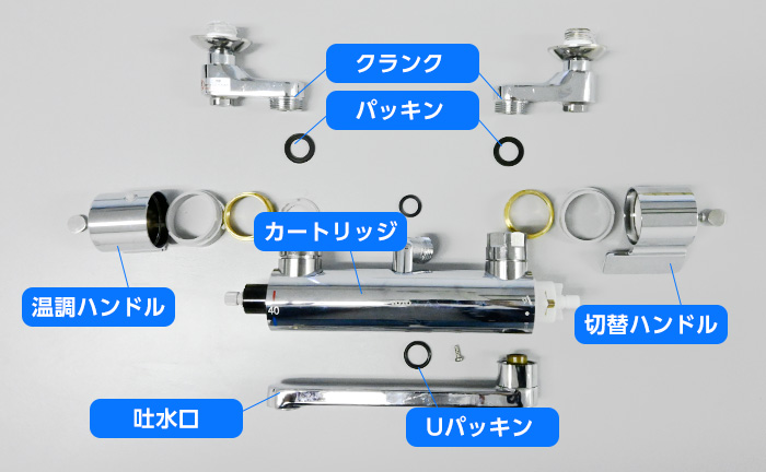 サーモスタット式混合水栓の各部名称